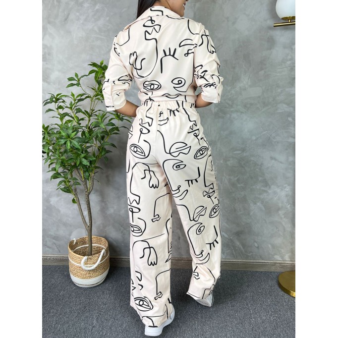 Abstract facial print shirt wide leg pants set