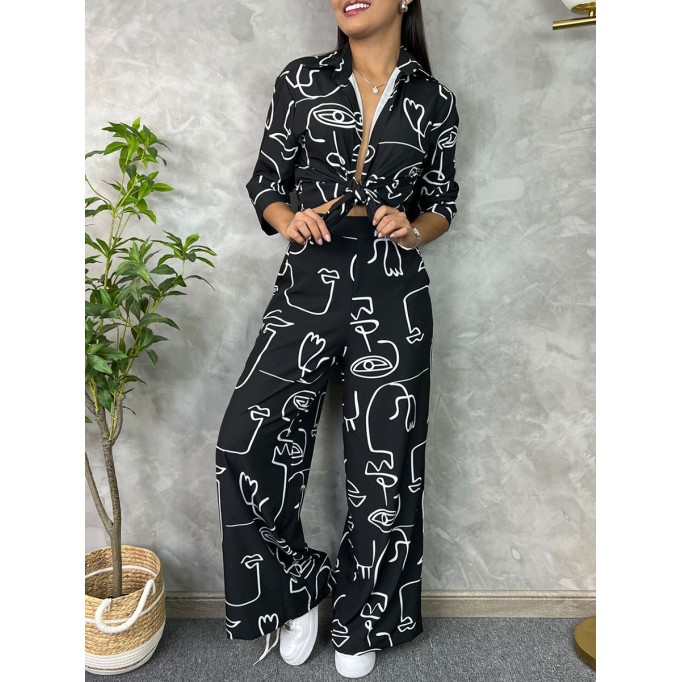 Abstract facial print shirt wide leg pants set