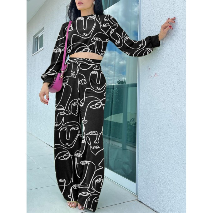 Abstract facial print short top high waisted wide leg pants set