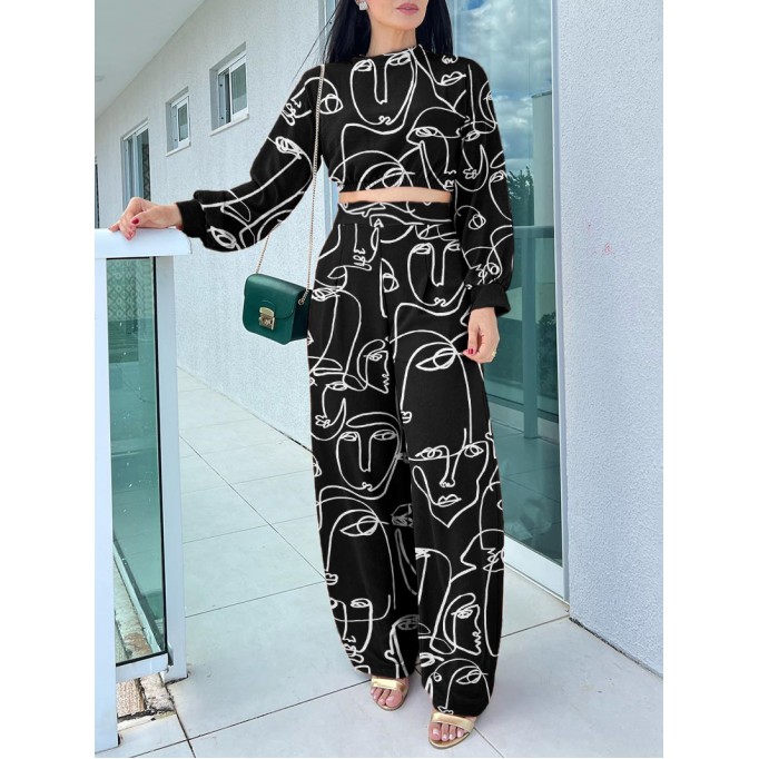 Abstract facial print short top high waisted wide leg pants set