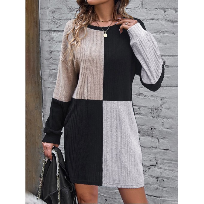 Black Ribbed Color Block Drop Shoulder Long Sleeve Mini Dress