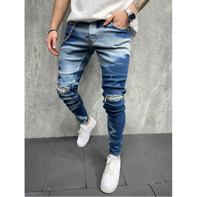 Bleached Chain Perforated Jeans