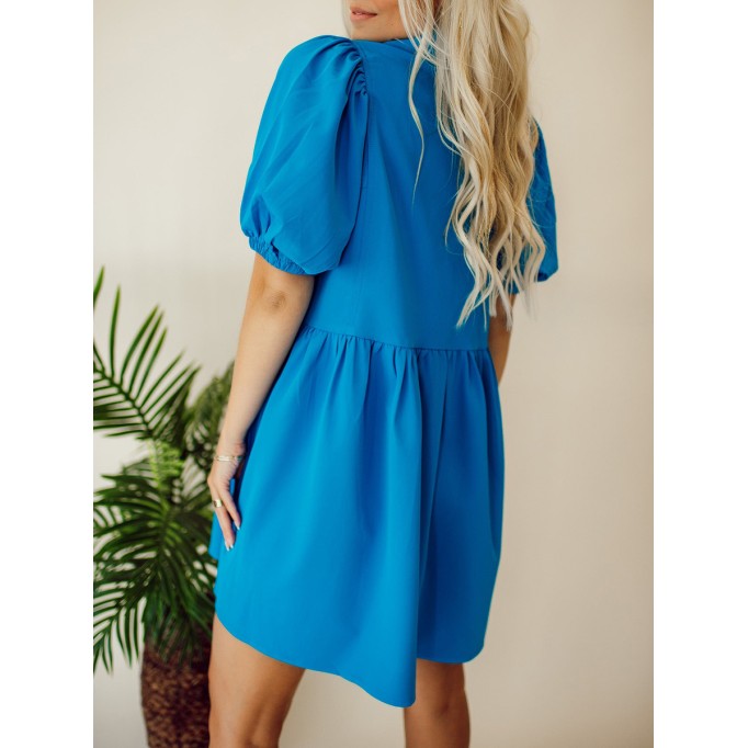 Blue Button Bubble Sleeve Shirt Dress