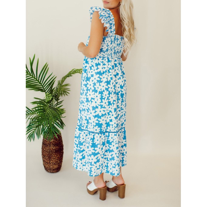 Blue floral pleated mid length dress