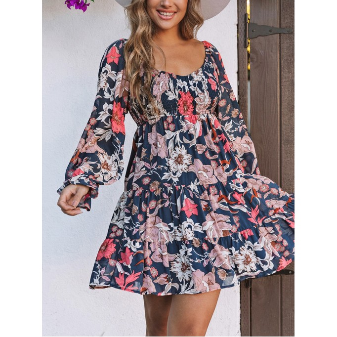 Blue Floral Tiered Long Puff Sleeve Mini Dress