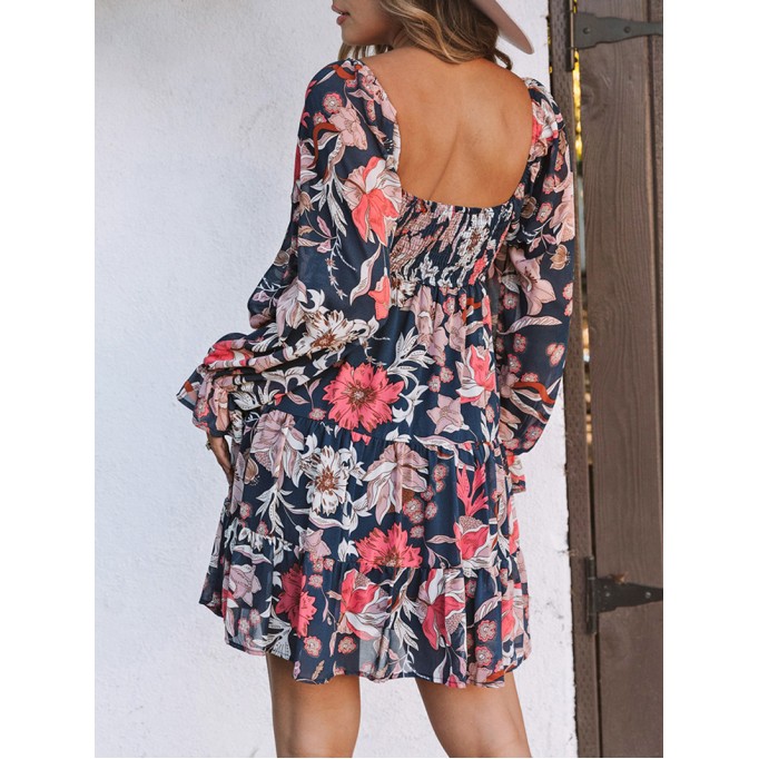 Blue Floral Tiered Long Puff Sleeve Mini Dress