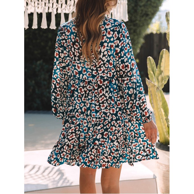 Blue Leopard Print Bubble Sleeve Ruffled Shirt Dress