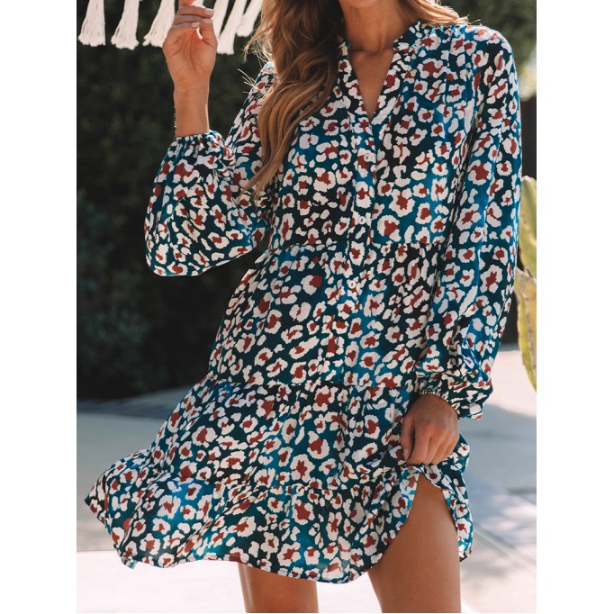 Blue Leopard Print Bubble Sleeve Ruffled Shirt Dress