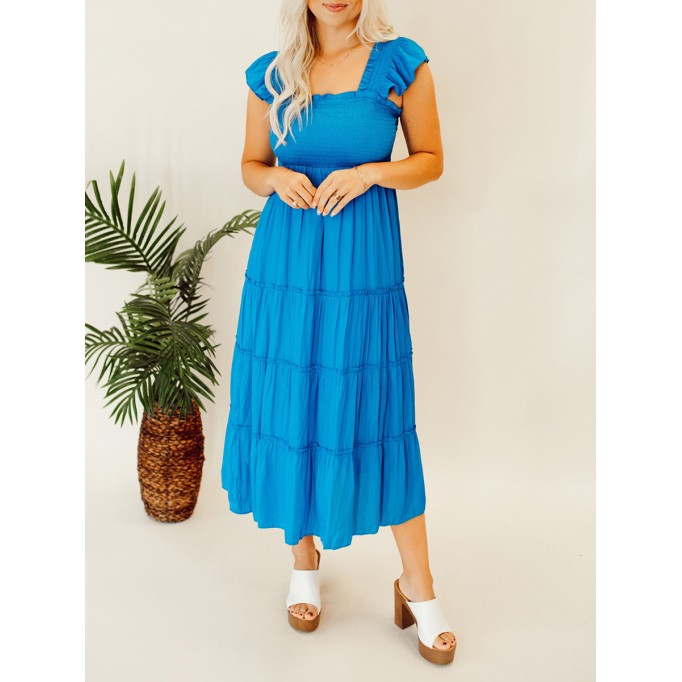 Blue pleated ruffled mid length dress