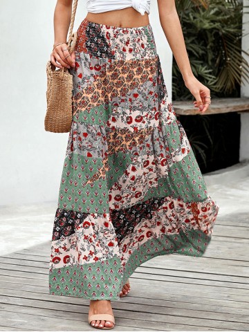 BOHO PRINT TIE-UP WAIST LONG MAXI SKIRT