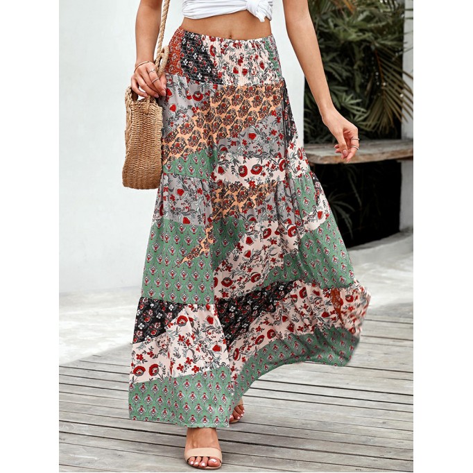 BOHO PRINT TIE-UP WAIST LONG MAXI SKIRT