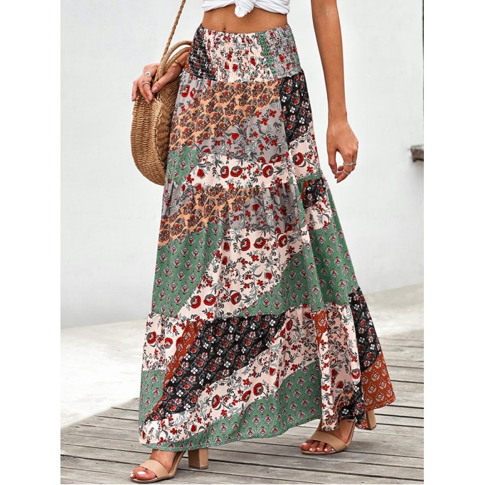 BOHO PRINT TIE-UP WAIST LONG MAXI SKIRT