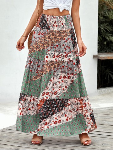 BOHO PRINT TIE-UP WAIST LONG MAXI SKIRT