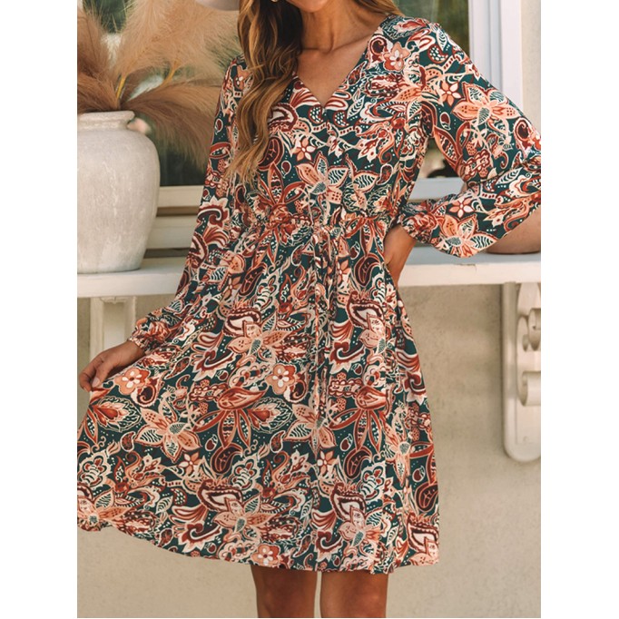 Brown Geometric Print Long Sleeve Surplice Flowy Dress