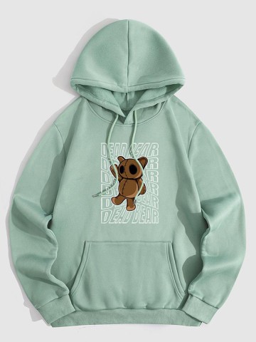 Cartoon Bear Letter Graphic Pattern Fleece-lined Hoodie