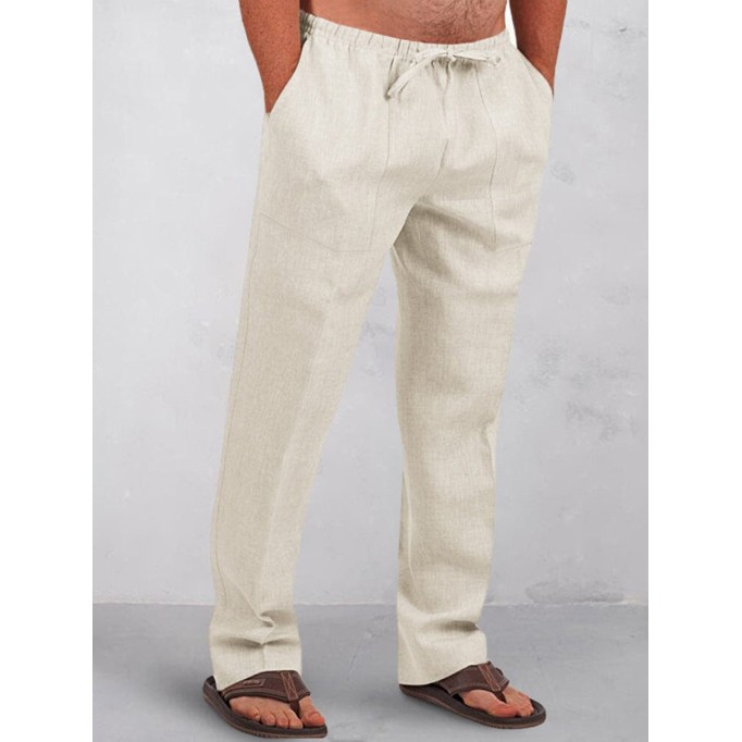 Casual solid color elastic waist cotton and linen straight pants