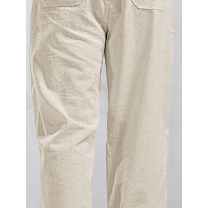 Casual solid color elastic waist cotton and linen straight pants