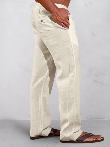 Casual solid color elastic waist cotton and linen straight pants