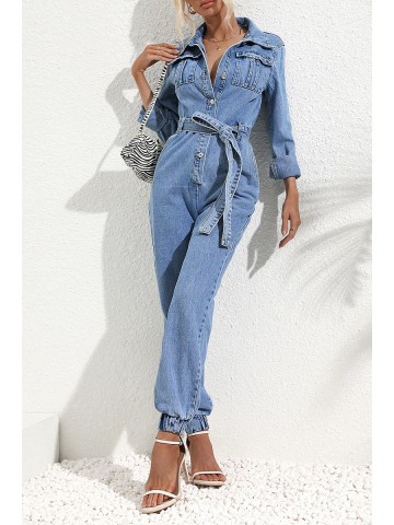 Casual Street Solid Bandage Pocket Turndown Collar Long Sleeve Regular Denim Jumpsuits