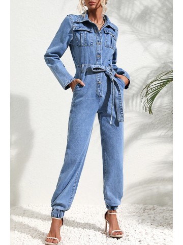 Casual Street Solid Bandage Pocket Turndown Collar Long Sleeve Regular Denim Jumpsuits