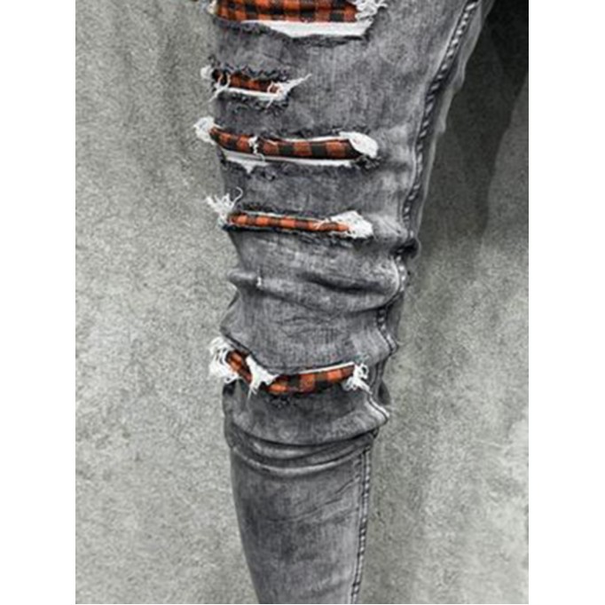 Checkered Chain Tight Perforated Jeans