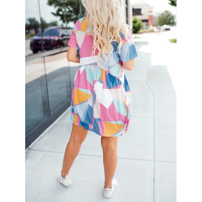 Contrast geometric pattern pleated dress