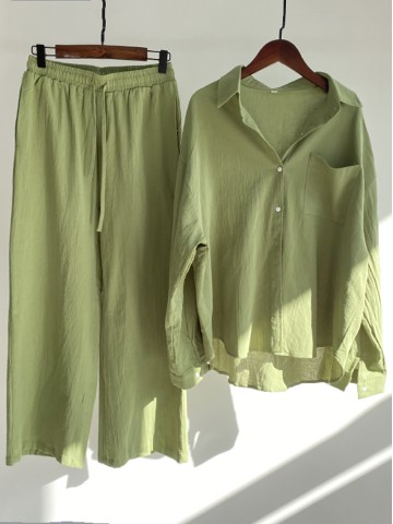 Cotton and linen shirt suit high waist loose trousers