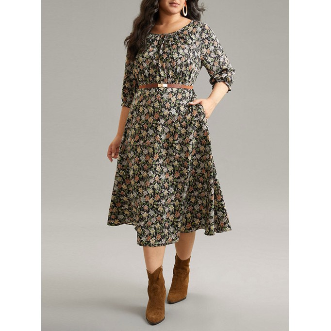 Crew-neck spliced plus-size floral dress for women