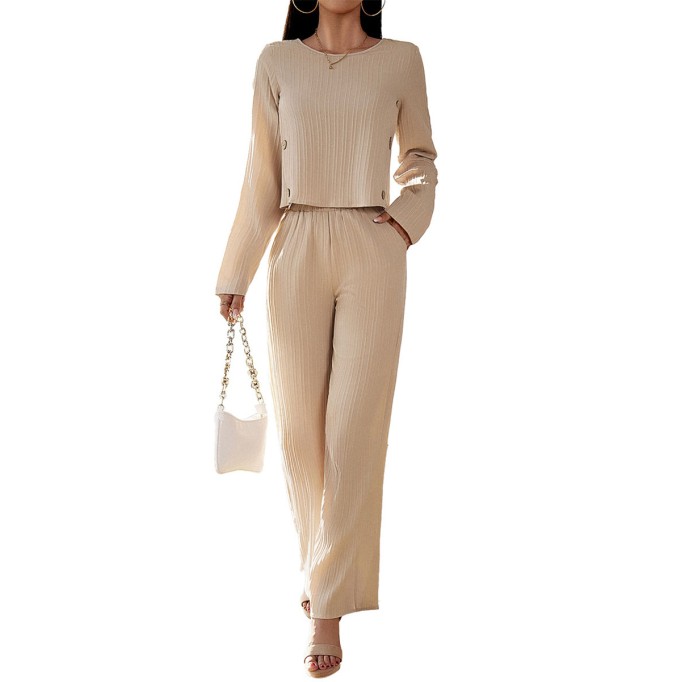 Decorative buckle pleated top wide leg pants two-piece set