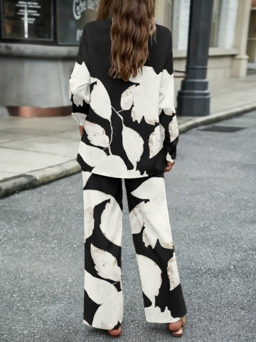 Elegant print loose shirt pantsuit