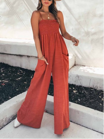 Fashion Living Solid Pocket Spaghetti Strap Loose Jumpsuits