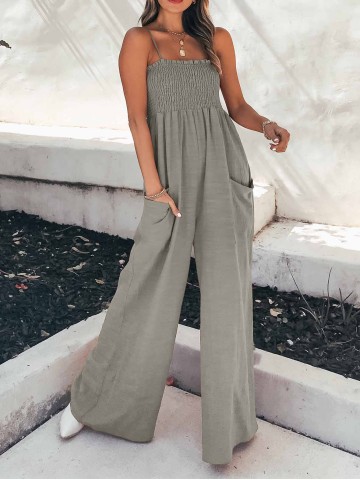 Fashion Living Solid Pocket Spaghetti Strap Loose Jumpsuits