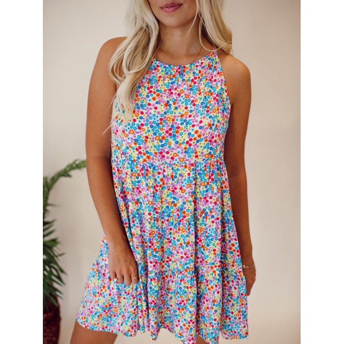 Floral patterned lace up hollowed out dress