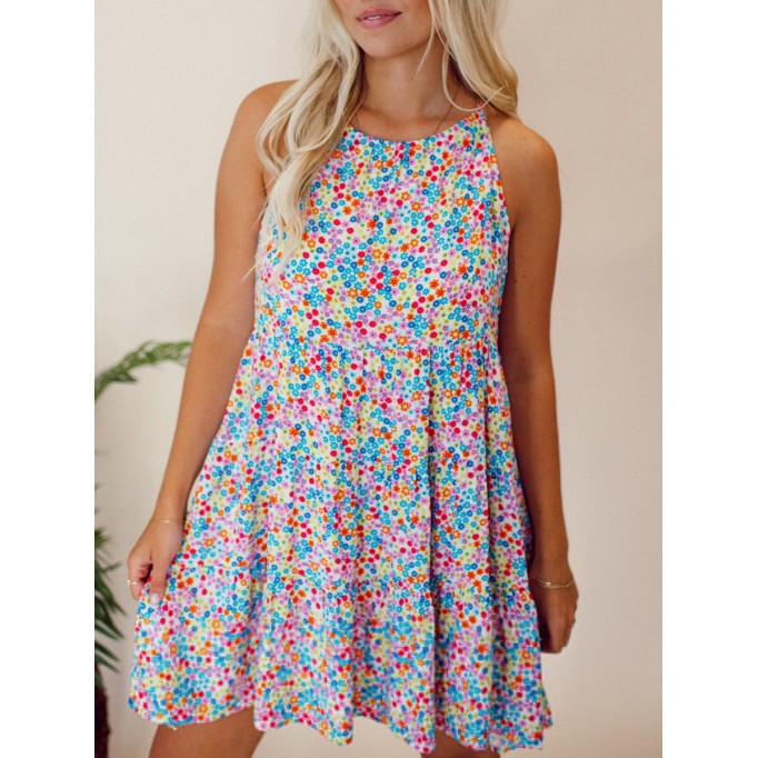 Floral patterned lace up hollowed out dress