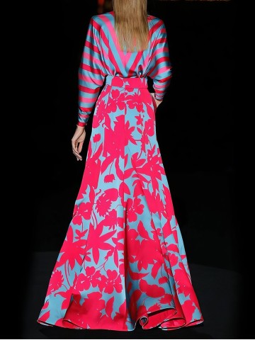 Floral Print Deep V-Neck Long Sleeve Floor Length Dress