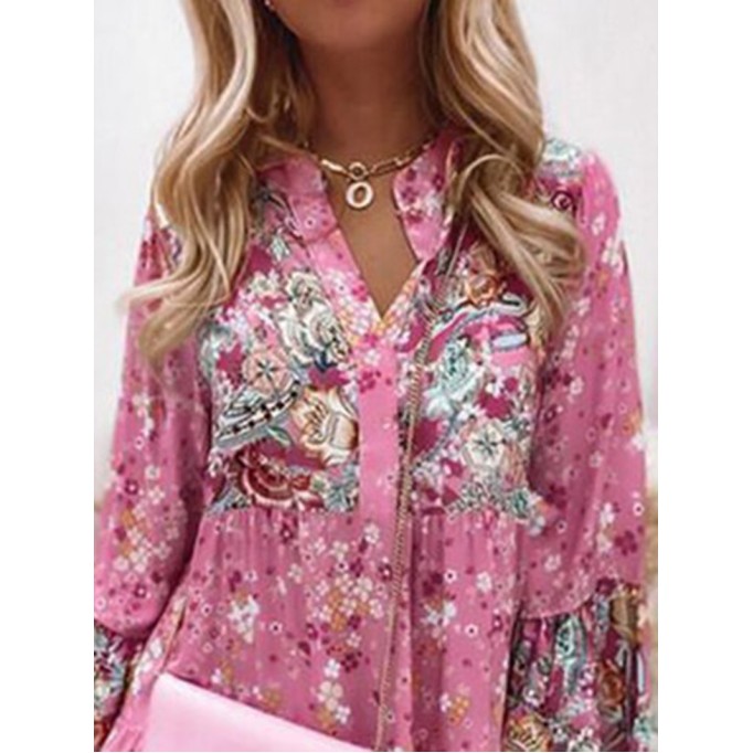 Floral Ruffle Smocked Print V Neck Casual Flare Mini Dress