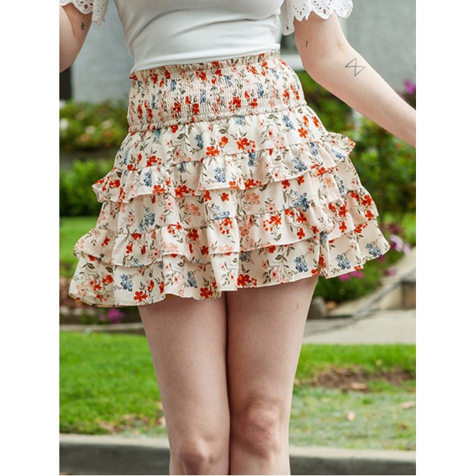 FLORAL SHIRRED RUFFLE FLARED CASUAL SKIRTS