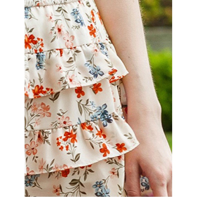 FLORAL SHIRRED RUFFLE FLARED CASUAL SKIRTS