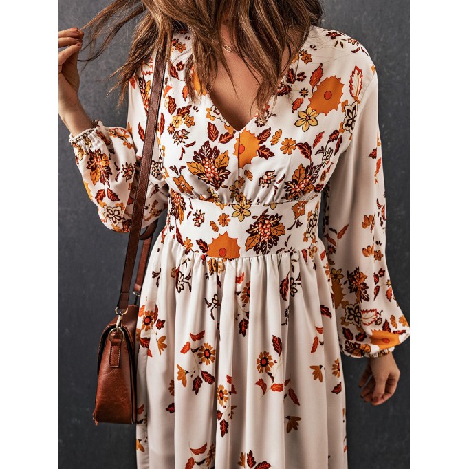 Floral V-Neck Long Sleeve Maxi Dress