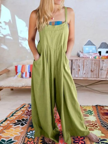 Green cotton and linen loose romper overalls