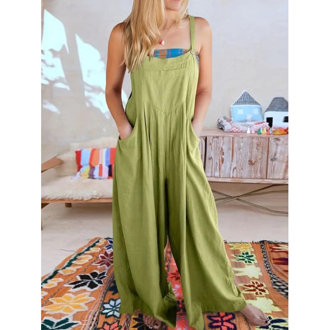 Green cotton and linen loose romper overalls