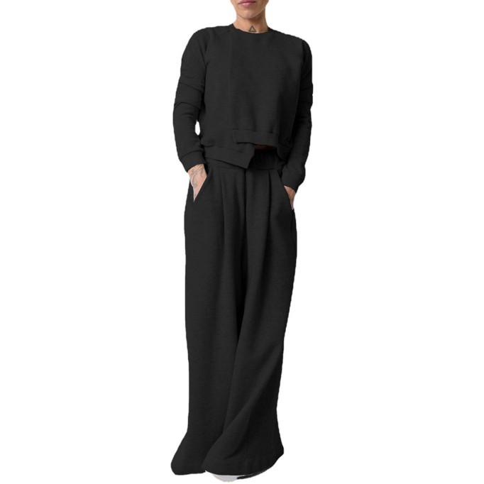 Irregular loose fitting top wide leg pants two-piece set