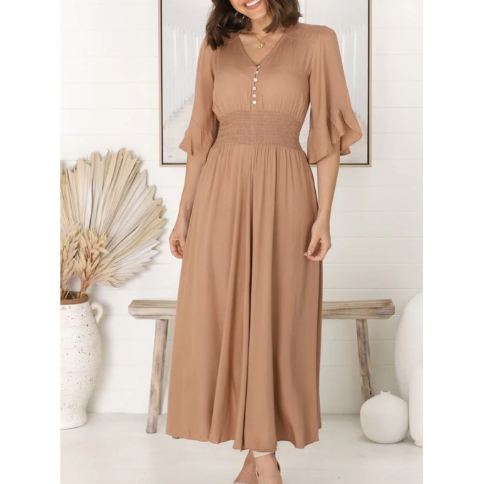 Khaki V-neck waist slimming lace-up dress