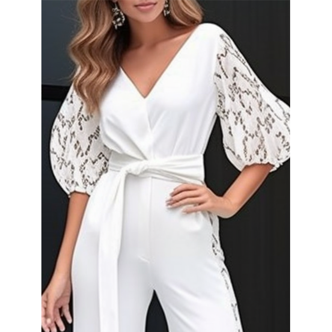 Lace Panel Bubble Sleeve Jumpsuit