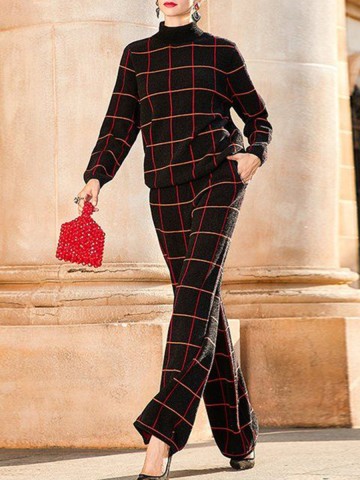 Ladies casual plaid high collar two piece set