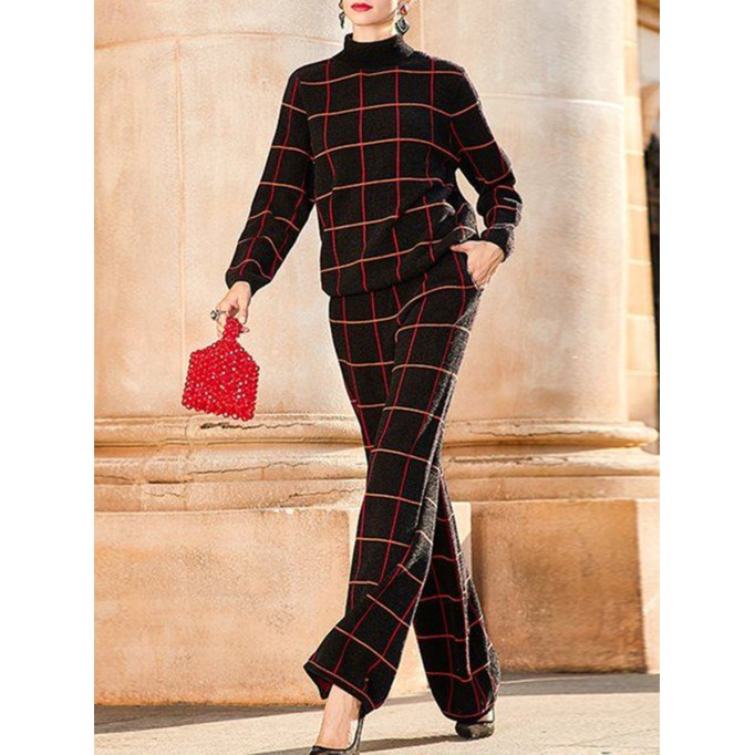 Ladies casual plaid high collar two piece set