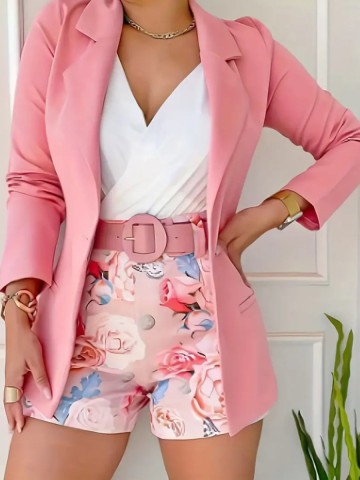 Ladies Pink elegant print professional elegant suit jacket shorts 2 piece set