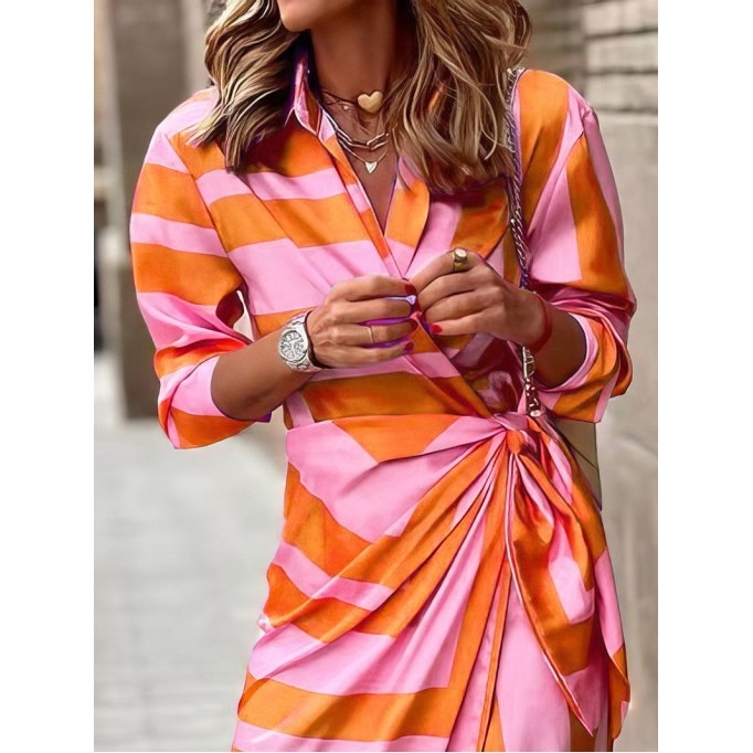 Women's Striped Print Belted Long Sleeve Dress