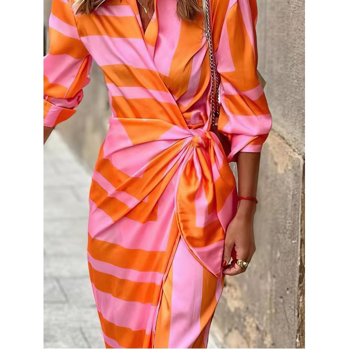 Women's Striped Print Belted Long Sleeve Dress