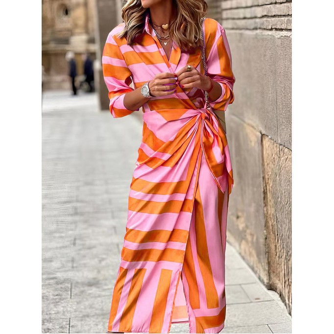 Women's Striped Print Belted Long Sleeve Dress